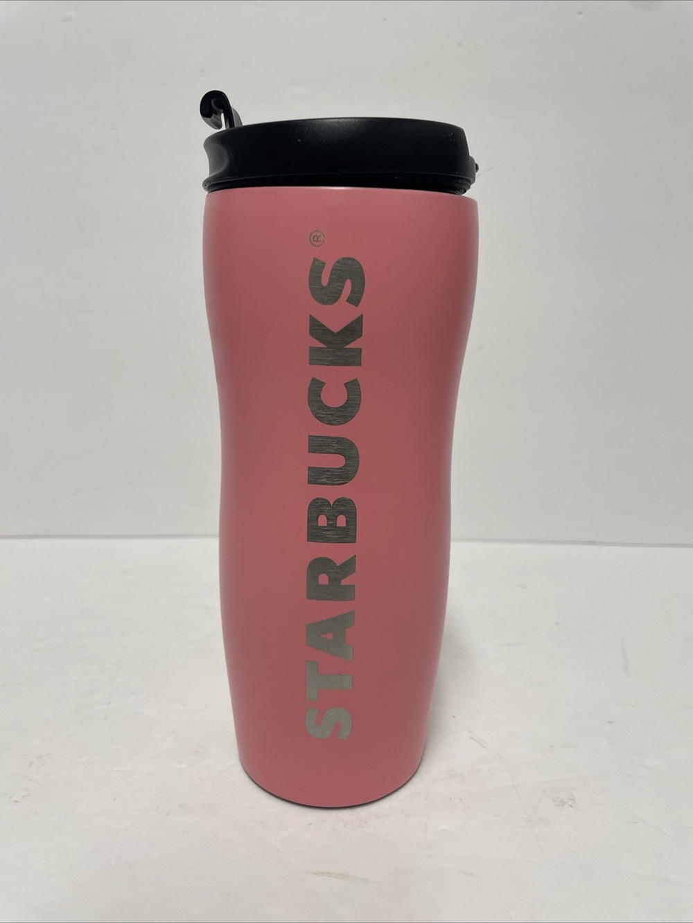 Starbucks Pink Tumbler with Black Lid and Vertical Logo